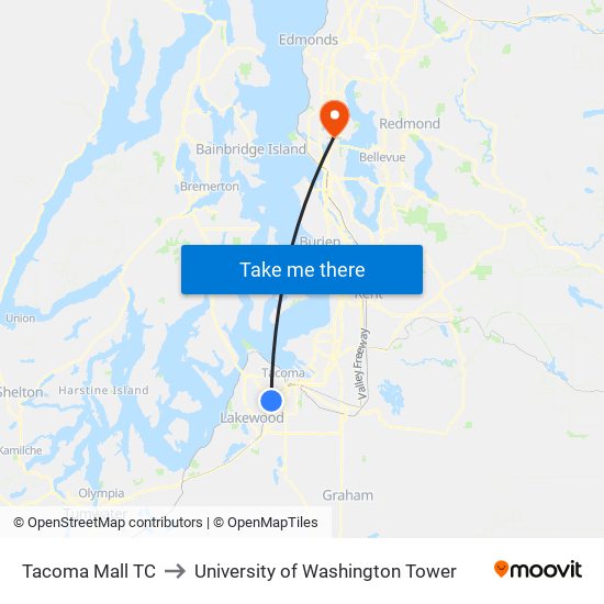 Tacoma Mall TC to University of Washington Tower map