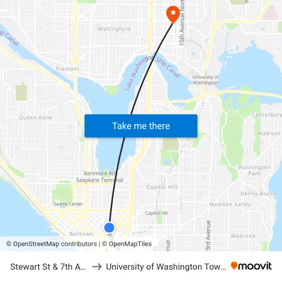 Stewart St & 7th Ave to University of Washington Tower map