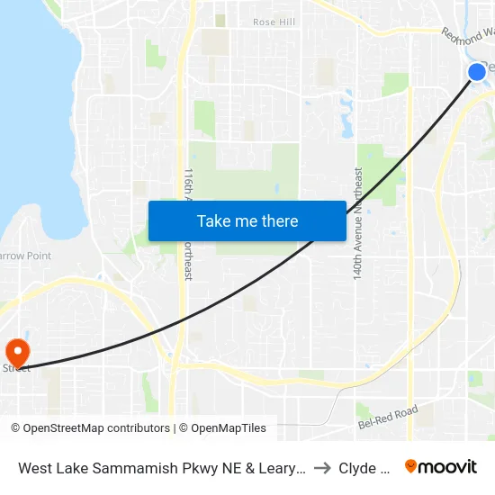 West Lake Sammamish Pkwy NE & Leary Way to Clyde Hill map