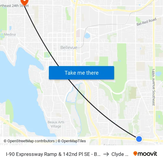 I-90 Expressway Ramp & 142nd Pl SE - Bay 3 to Clyde Hill map