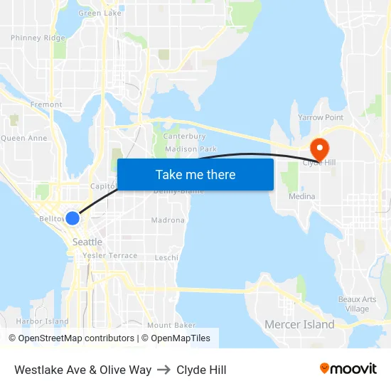 Westlake Ave & Olive Way to Clyde Hill map