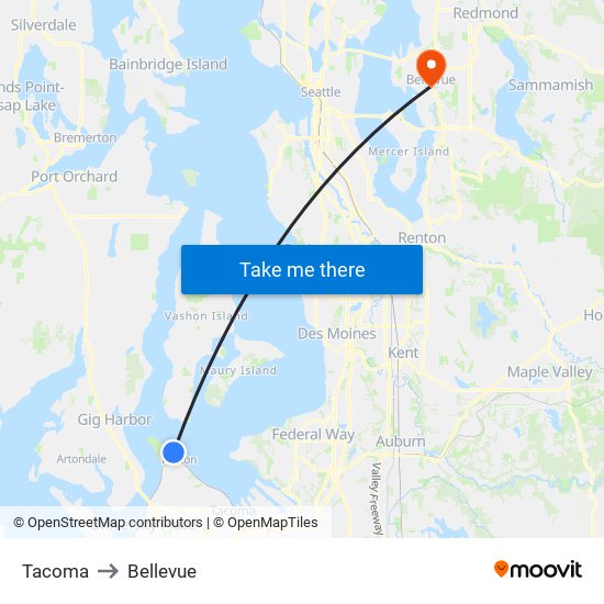 Tacoma to Bellevue map