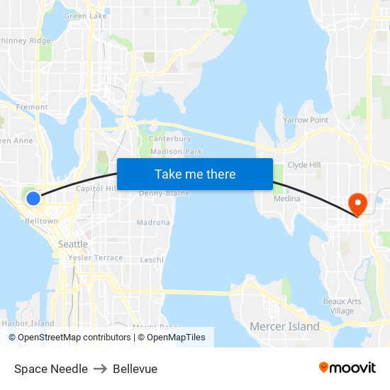 Space Needle to Bellevue map