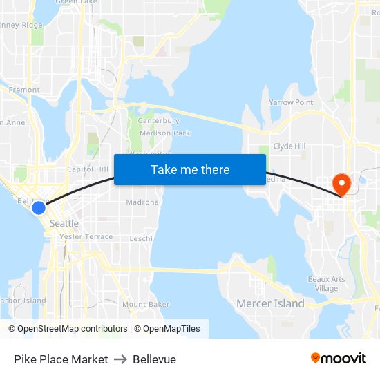 Pike Place Market to Bellevue map