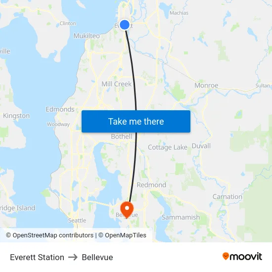 Everett Station to Bellevue map