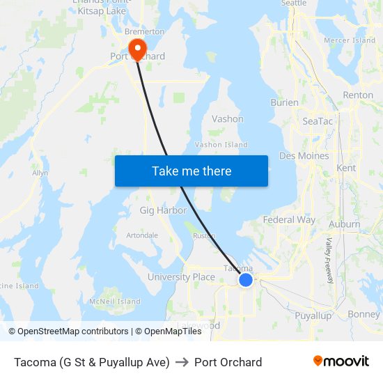 Tacoma (G St & Puyallup Ave) to Port Orchard map