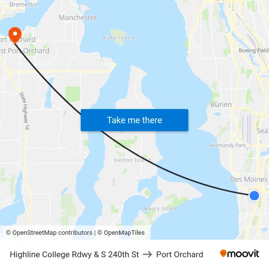 Highline College Rdwy & S 240th St to Port Orchard map