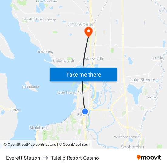 Everett Station to Tulalip Resort Casino map