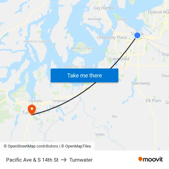 Pacific Ave & S 14th St to Tumwater map