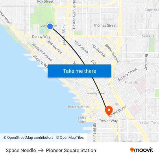 Space Needle to Pioneer Square Station map