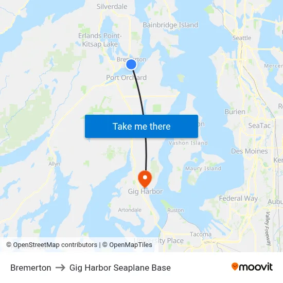 Bremerton to Gig Harbor Seaplane Base map