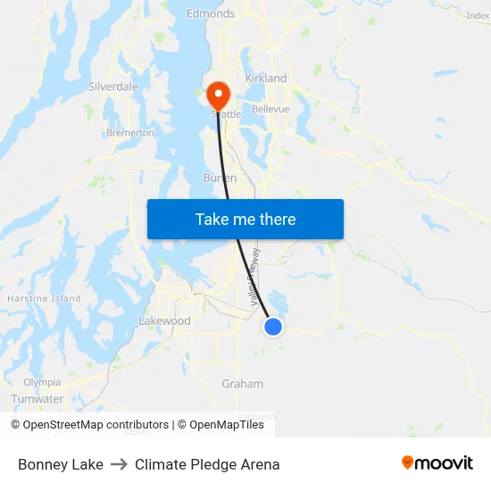 Bonney Lake to Climate Pledge Arena map