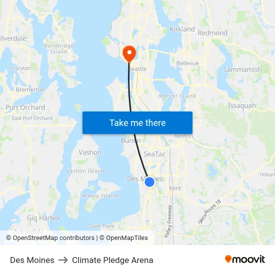 Des Moines to Climate Pledge Arena map