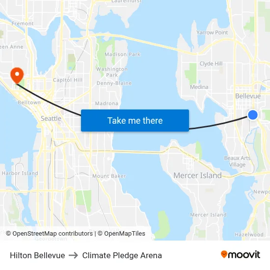Hilton Bellevue to Climate Pledge Arena map