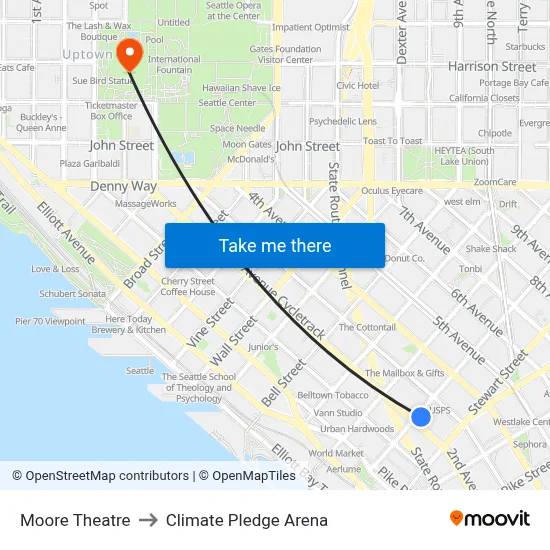 Moore Theatre to Climate Pledge Arena map