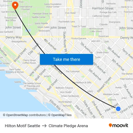 Hilton Motif Seattle to Climate Pledge Arena map