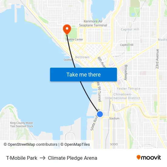 T-Mobile Park to Climate Pledge Arena map
