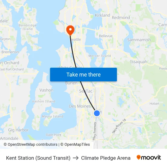 Kent Station (Sound Transit) to Climate Pledge Arena map