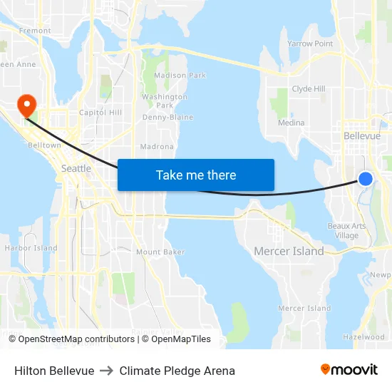 Hilton Bellevue to Climate Pledge Arena map