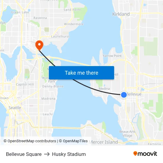 Bellevue Square to Husky Stadium map