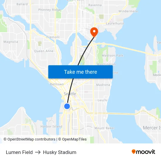 Lumen Field to Husky Stadium map