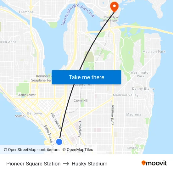 Pioneer Square Station to Husky Stadium map