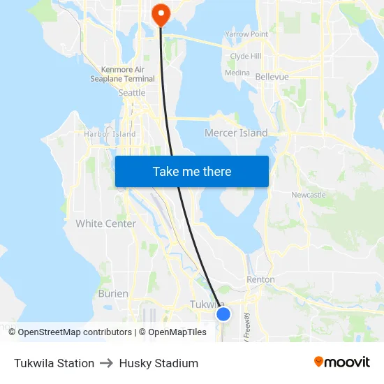 Tukwila Station to Husky Stadium map