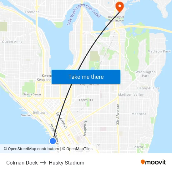 Colman Dock to Husky Stadium map