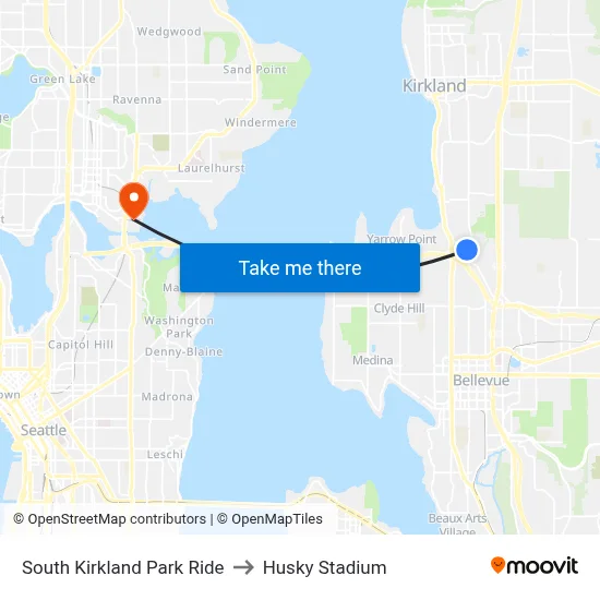 South Kirkland Park Ride to Husky Stadium map