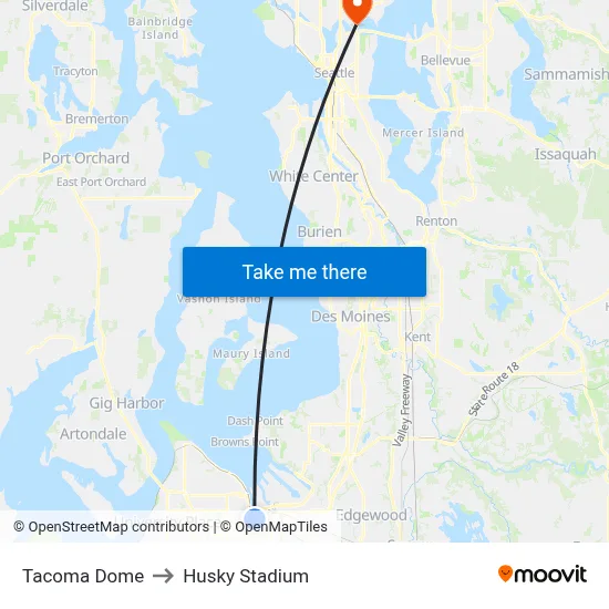 Tacoma Dome to Husky Stadium map