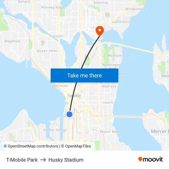 T-Mobile Park to Husky Stadium map