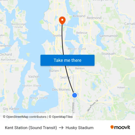 Kent Station (Sound Transit) to Husky Stadium map