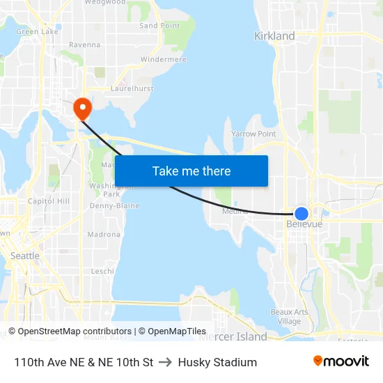 110th Ave NE & NE 10th St to Husky Stadium map