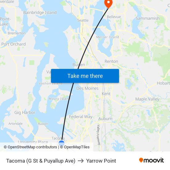 Tacoma (G St & Puyallup Ave) to Yarrow Point map