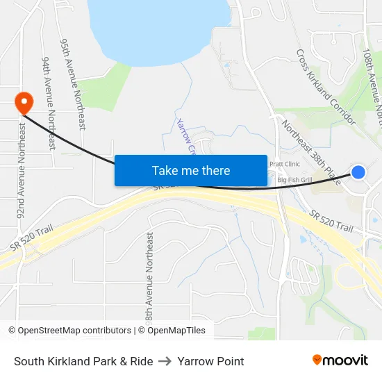 South Kirkland Park & Ride to Yarrow Point map