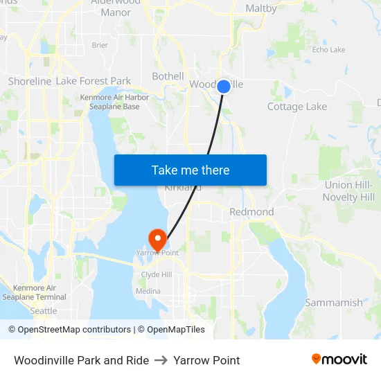 Woodinville Park and Ride to Yarrow Point map