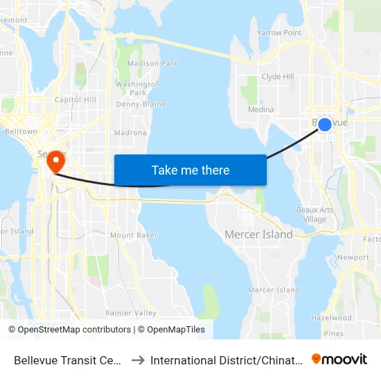 Bellevue Transit Center to International District / Chinatown map
