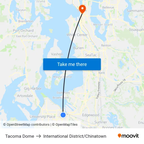 Tacoma Dome to International District / Chinatown map