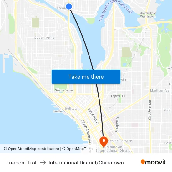 Fremont Troll to International District / Chinatown map