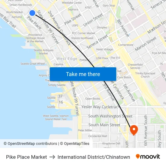Pike Place Market to International District / Chinatown map