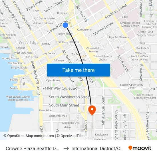 Crowne Plaza Seattle Downtown to International District / Chinatown map