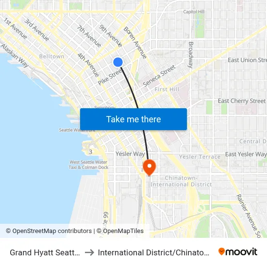 Grand Hyatt Seattle to International District / Chinatown map