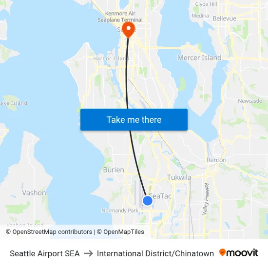 Seattle Airport SEA to International District / Chinatown map