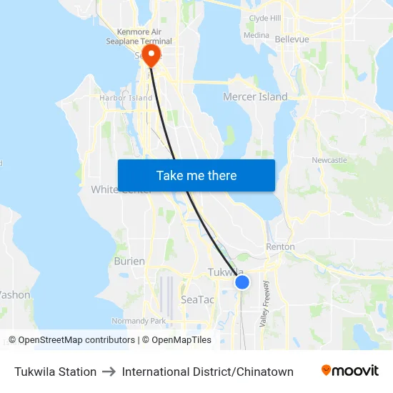 Tukwila Station to International District / Chinatown map