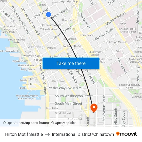 Hilton Motif Seattle to International District / Chinatown map