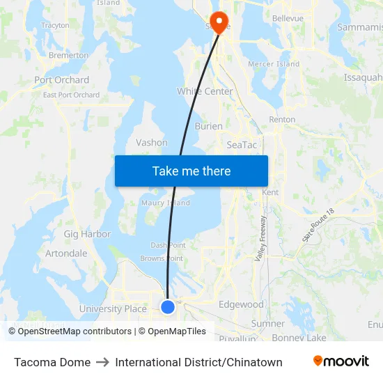 Tacoma Dome to International District / Chinatown map