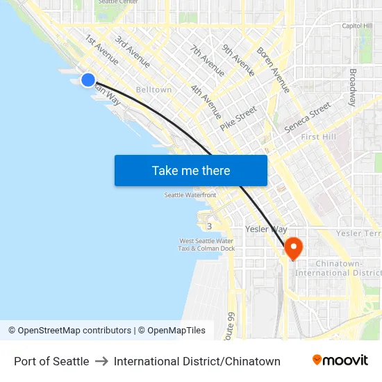 Port of Seattle to International District / Chinatown map