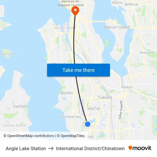 Angle Lake Station to International District / Chinatown map