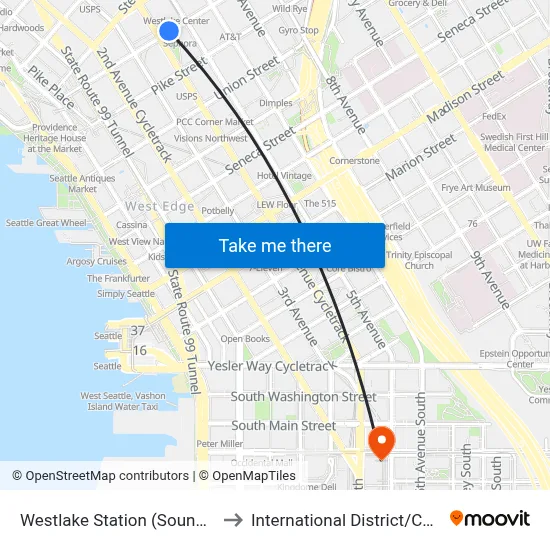 Westlake Station (Sound Transit) to International District / Chinatown map
