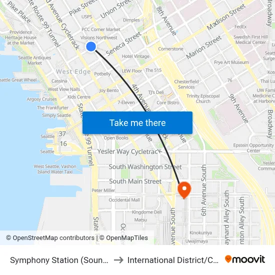 Symphony Station (Sound Transit) to International District / Chinatown map